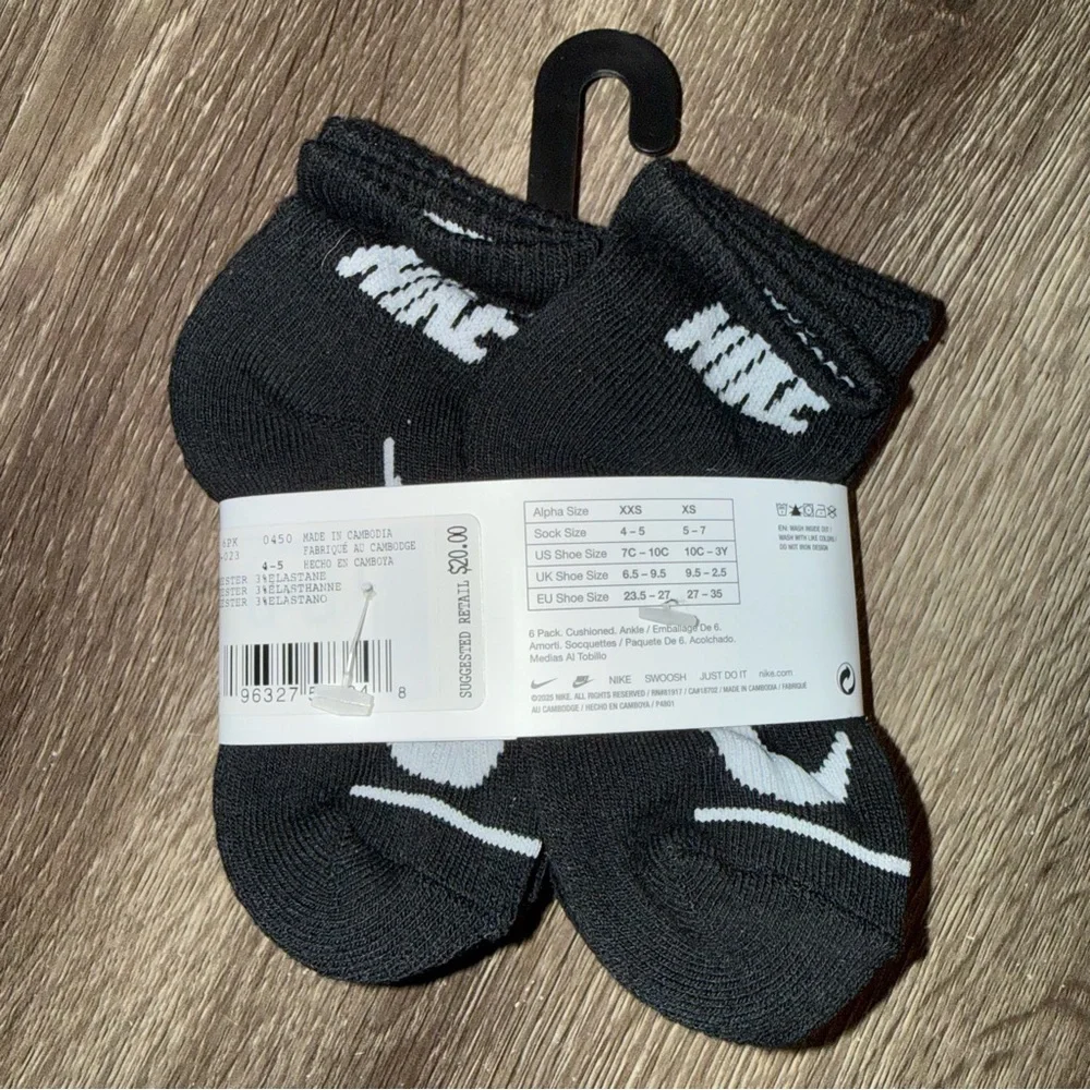 🆕 Nike Dri-FIT Cushioned Ankle Socks 6-Pack XXS 4-5 / Youth 7C-10C Black